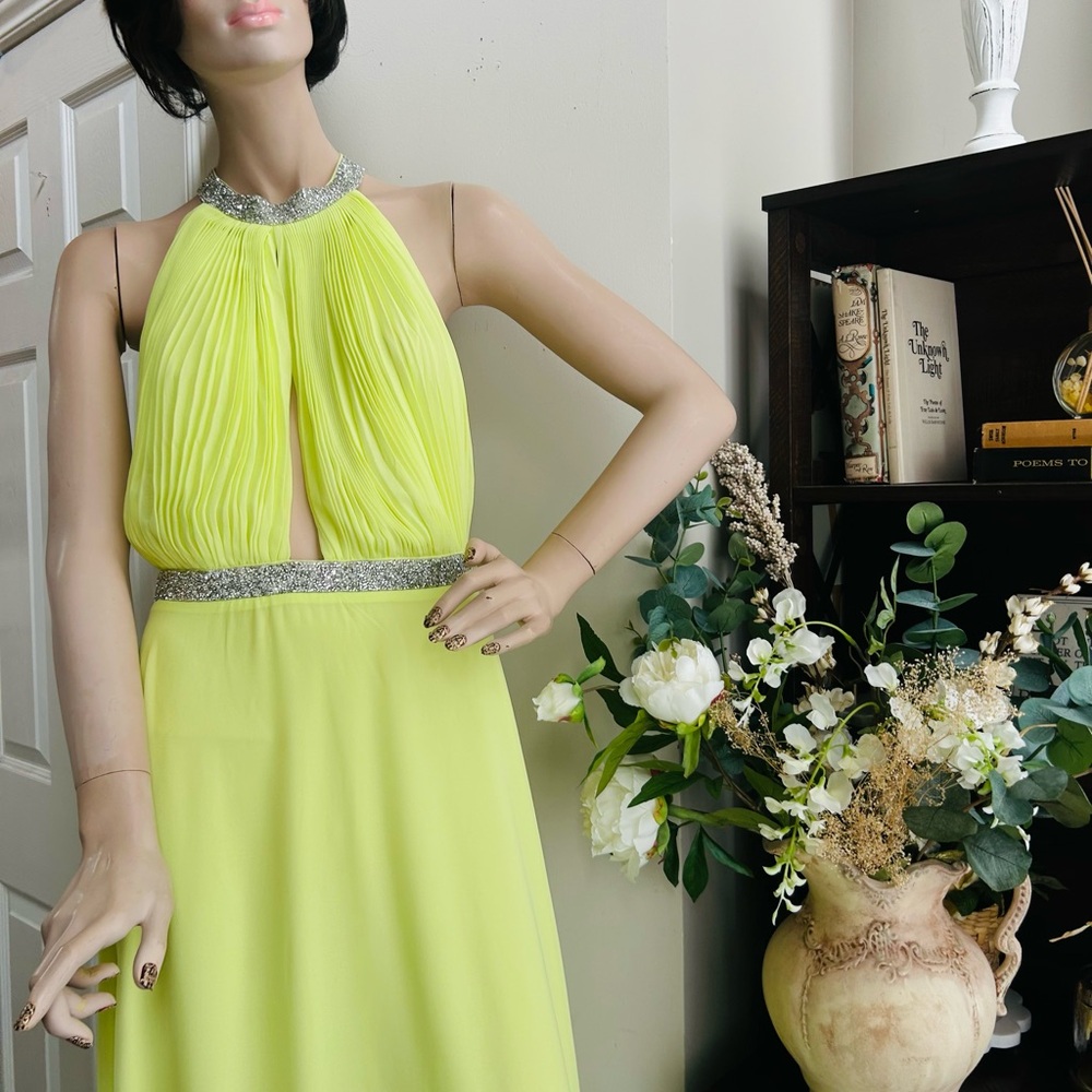 Le Chateau Yellow Halter Pleated Cocktail Dress